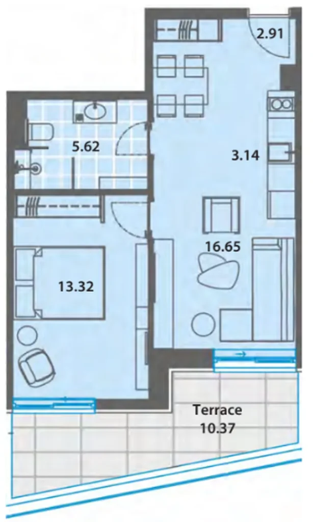 Luftiges Ein-Zimmer-Zimmer mit Balkonblick 52 m² in