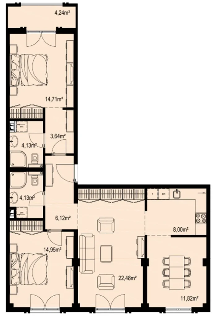 Dvoupokojový apartmán City Escape s výhledem do zahrady 94,22 m² v