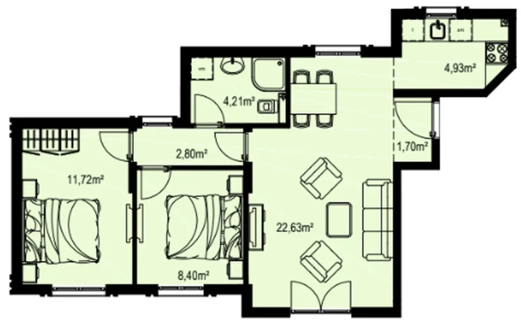 Dvouložnicový pokoj s duálním výhledem 56,39 m² v