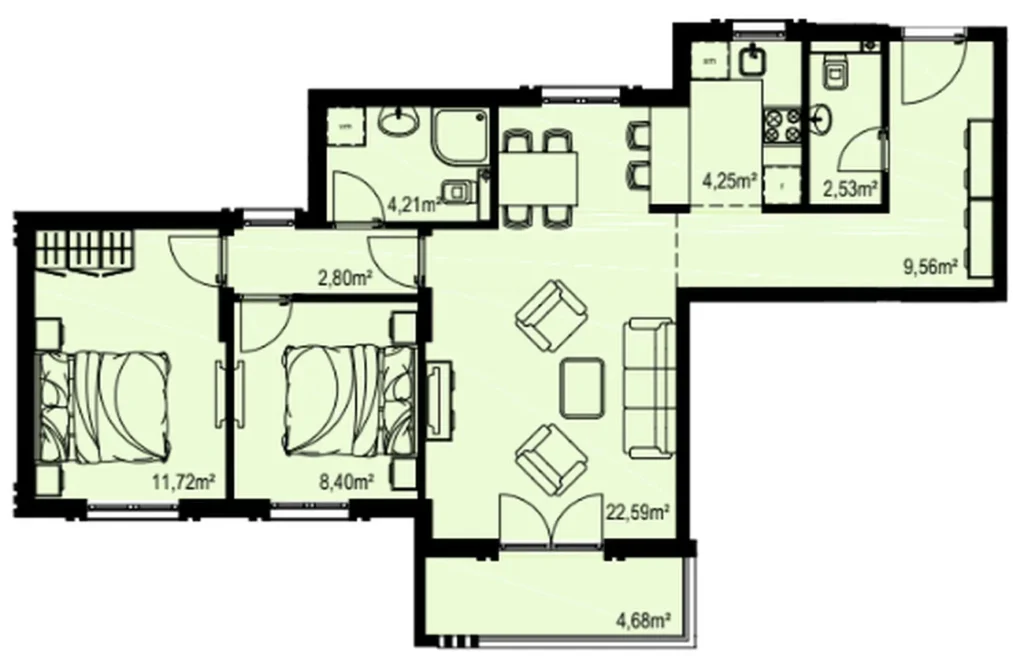 Dvouložnicový pokoj se dvěma perspektivami o rozloze 70,74 m² v