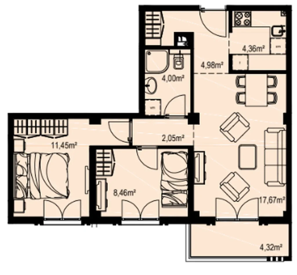 Dvouložnicový pokoj se dvěma perspektivami o rozloze 70,74 m² v