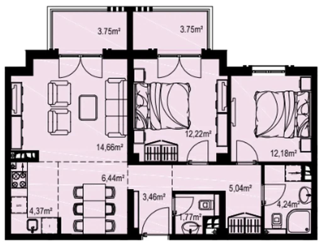Dvouložnicová ložnice se dvěma perspektivami a čerstvým vzduchem 71,88 m² v