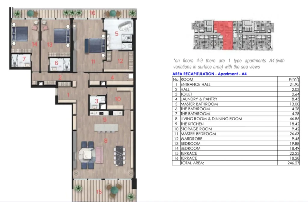 Пентхаус с тремя спальнями и двойным видом 246,27 м² в