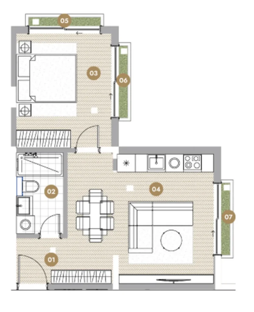 Уютный двухкомнатный номер с зелеными террасами 42.35 м² в