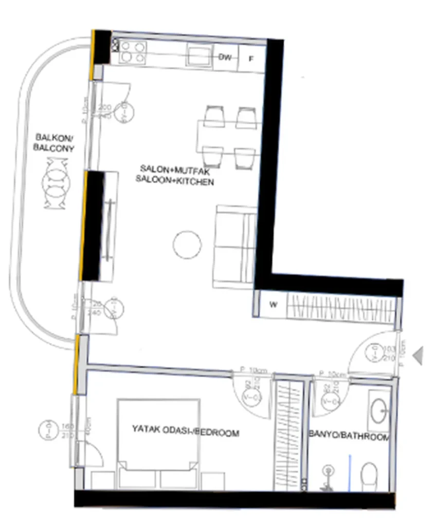 Девятый этаж Однокомнатная комната с балконом 52.85 м² в