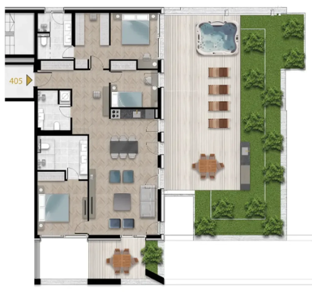 Гранд с тремя спальнями и террасой на крыше 231.06 м² в