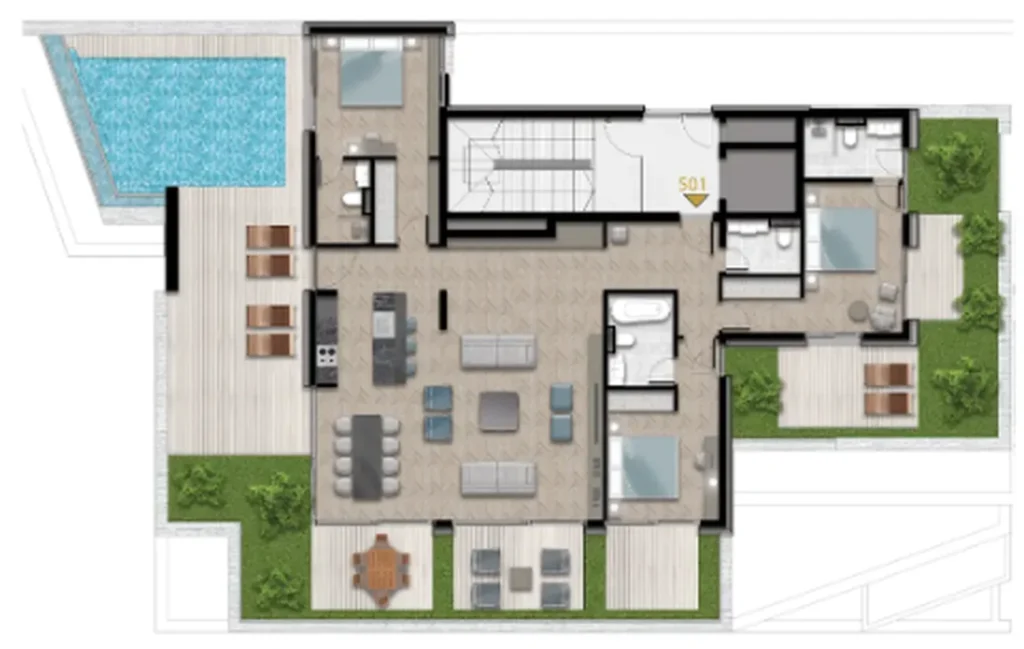 Роскошный трехкомнатный с частным бассейном 281.79 м² в