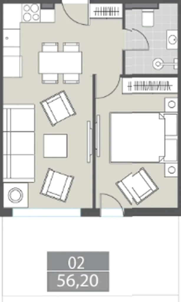 Комфортабельная 1-комнатная квартира 56,20 м² в