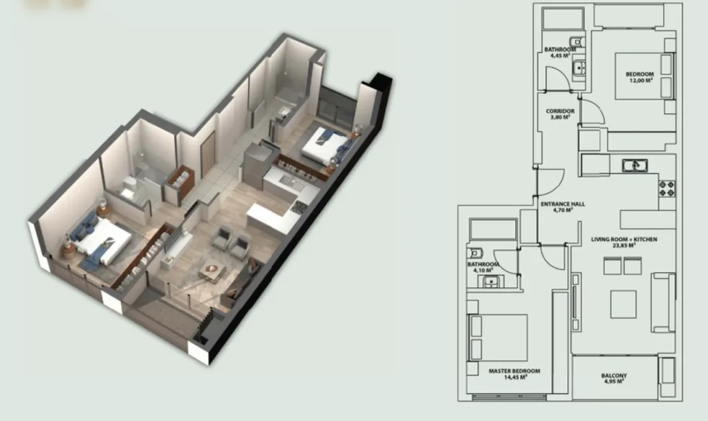 Dobře proporčně řešený apartmán se 2 ložnicemi o rozloze 74 m² v