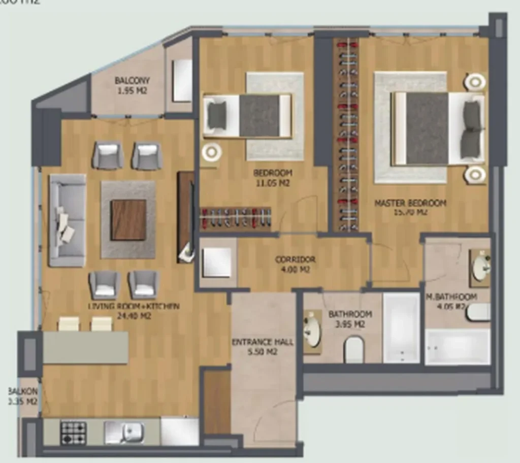 Prostorný apartmán se 2 ložnicemi 72,95 m² v