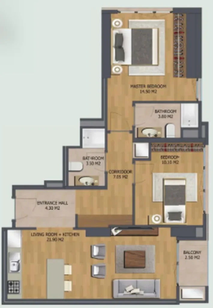 Útulný apartmán se 2 ložnicemi 68,65 m² v