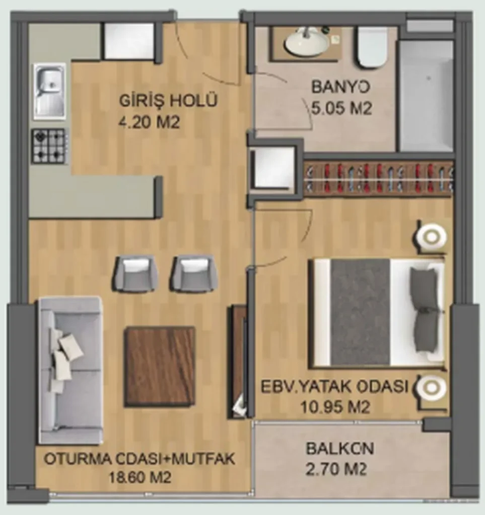 Útulný apartmán se 2 ložnicemi 68,65 m² v