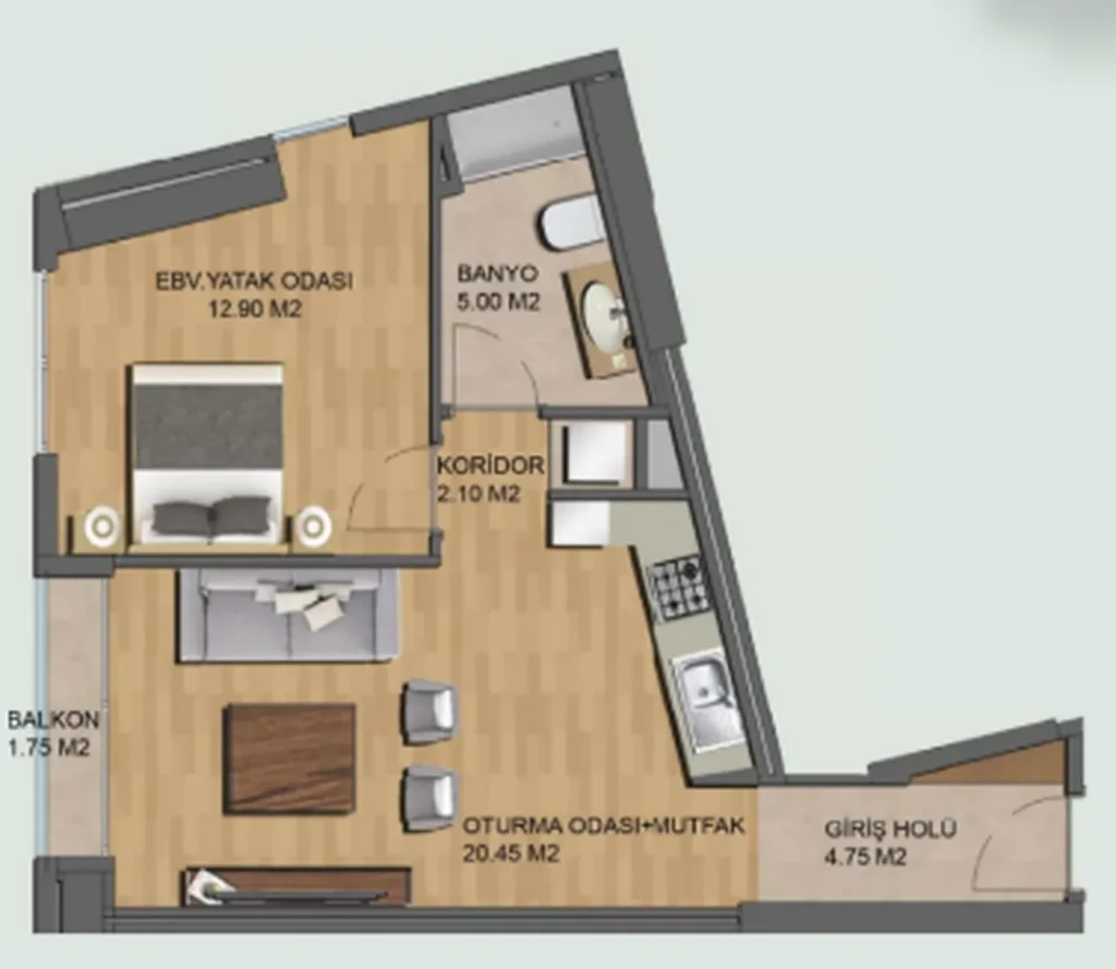 Světlý pokoj s jednou ložnicí, balkon v prvním patře 47,95 m² v