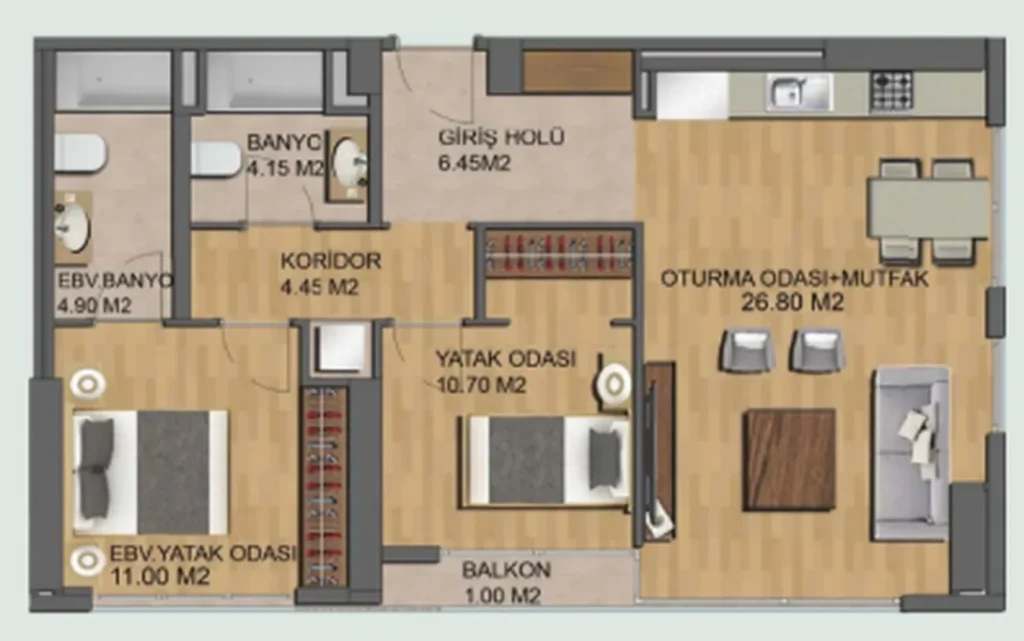 Prostorný apartmán se 2 ložnicemi 71,45 m² v