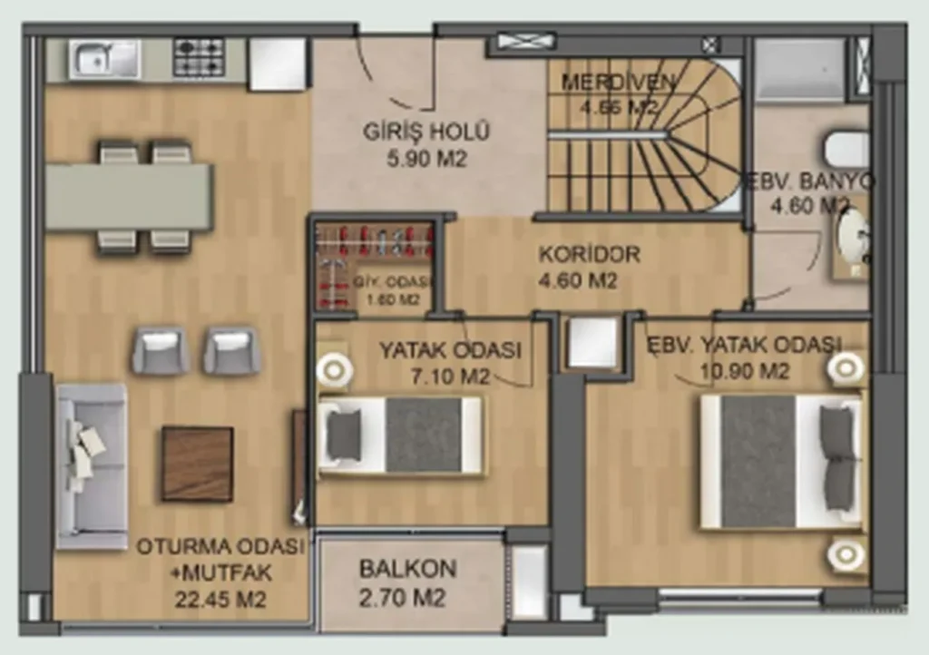 Slunný apartmán se 2 ložnicemi 66,4 m² v