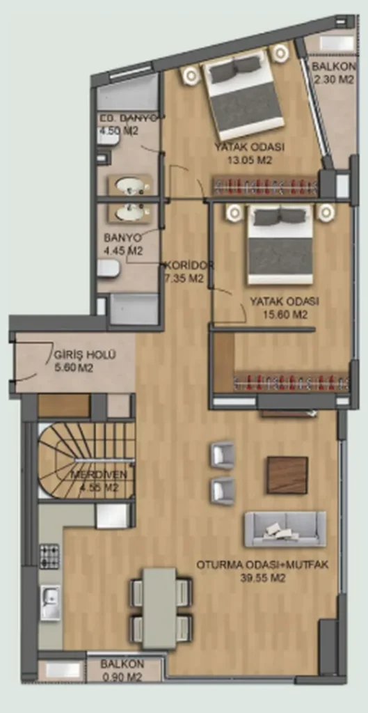 Velkorysý apartmán se 2 ložnicemi o rozloze 99,85 m² v